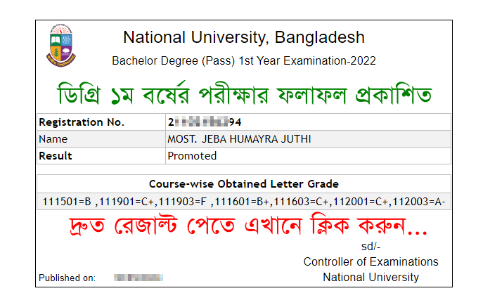 National University Degree 1st Year Result 2024